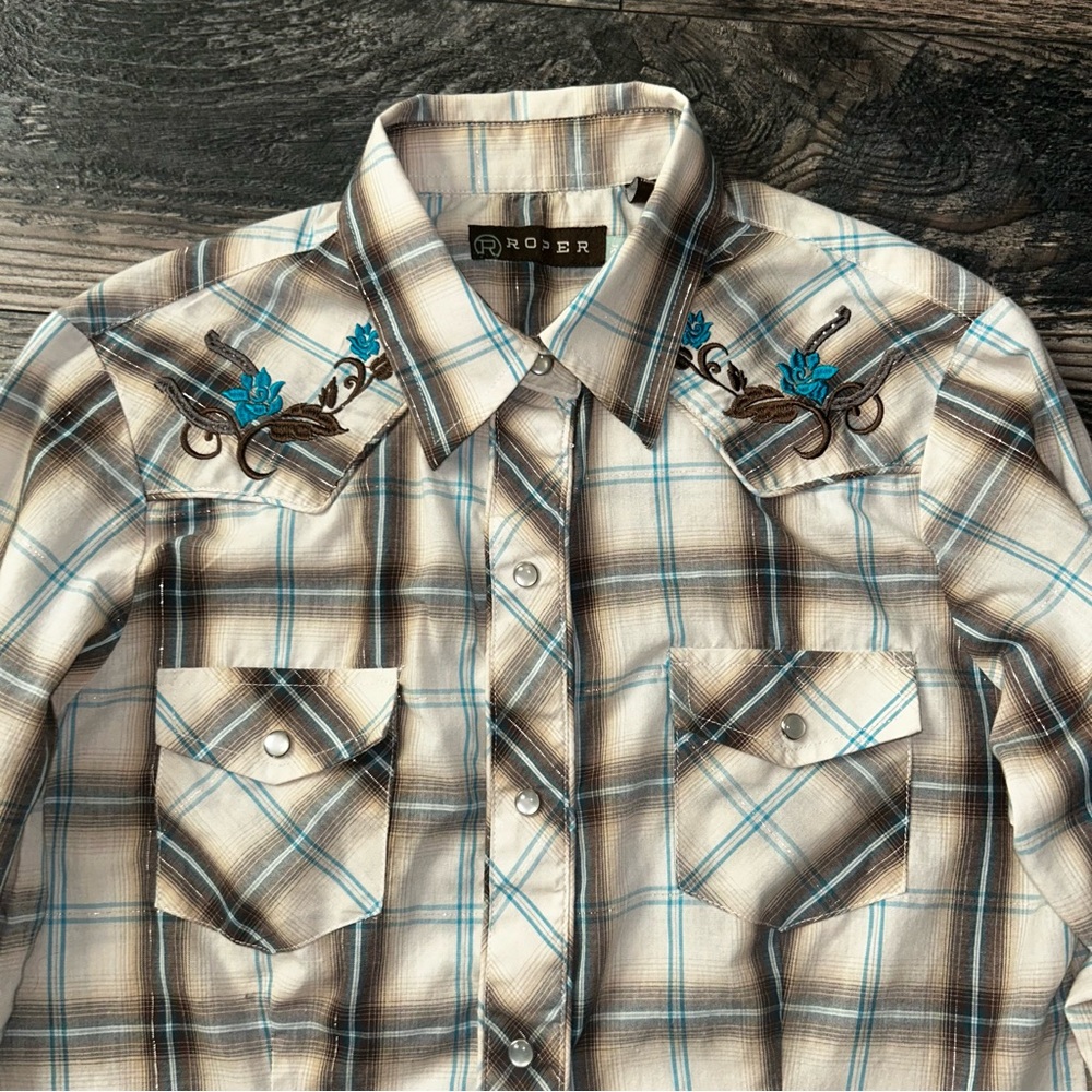 Roper Pearl Snap Brown Blue Plaid Western Shirt with Embroidery Women’s M